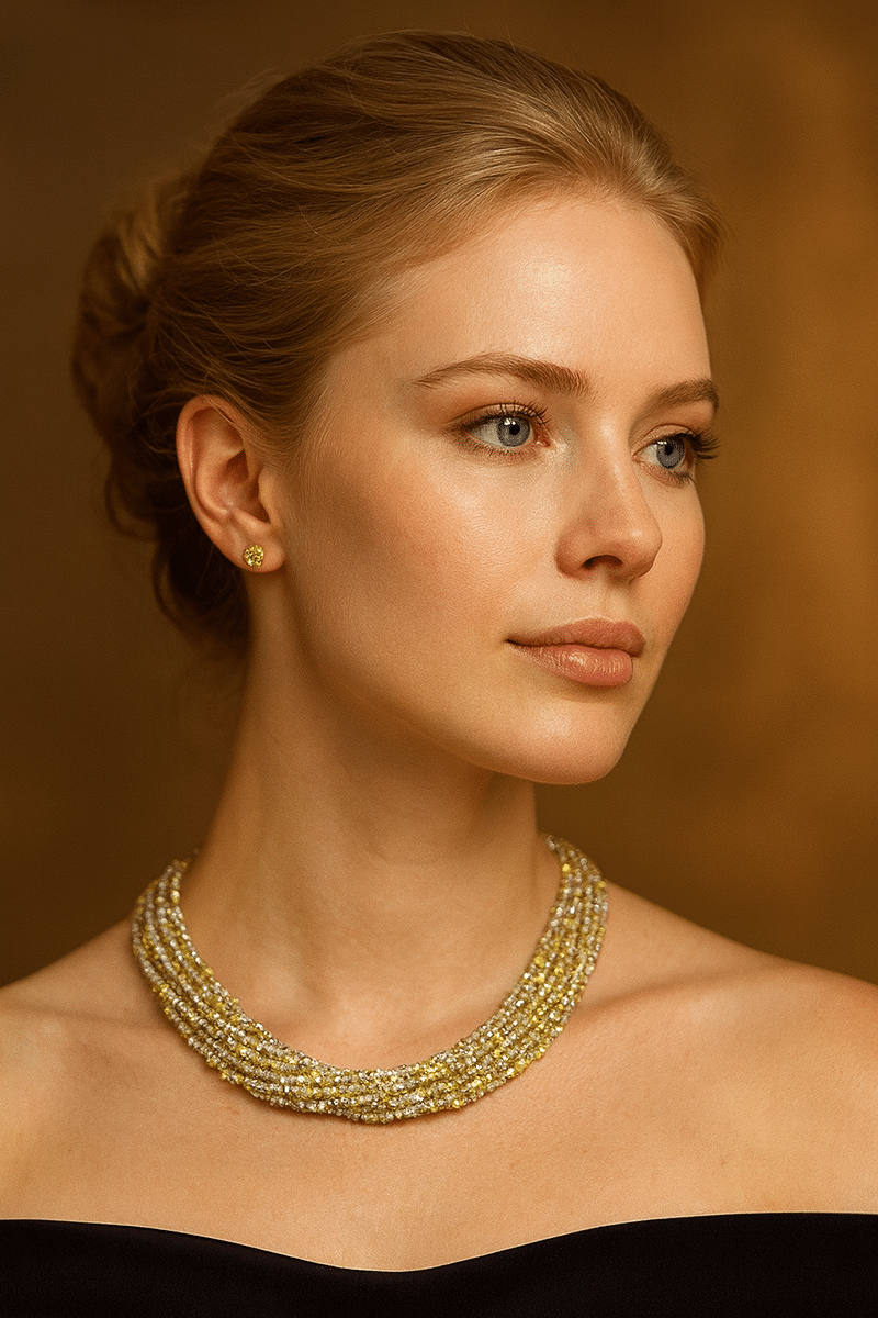 Clou d'oreille avec diamant jaune et collier de diamants bruts multicolors