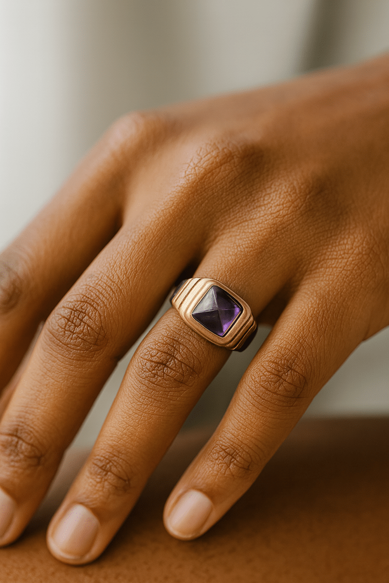 Bague en bois d'ébène et or rose sertie d'un cabochon améthyste pain-de-sucre