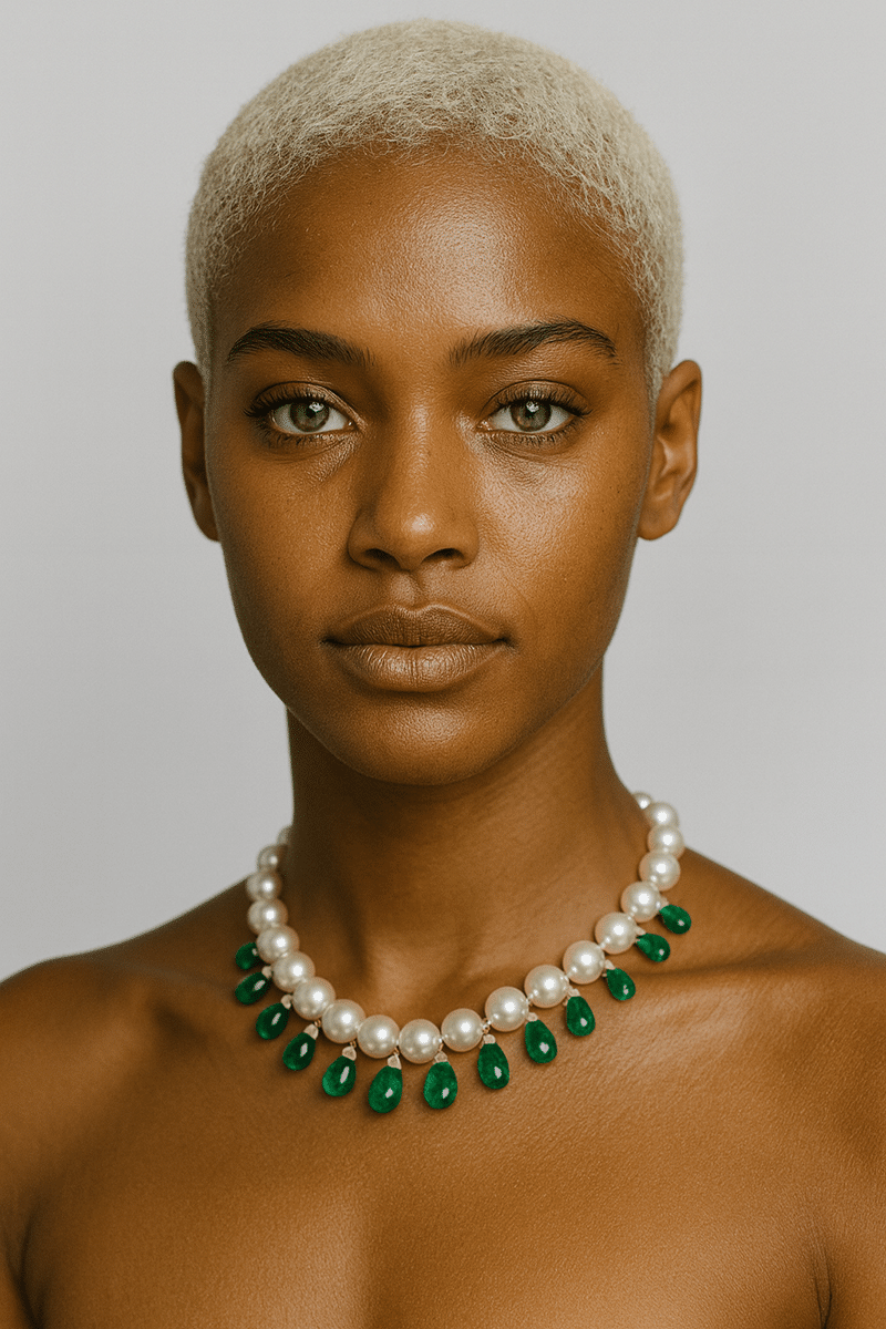 Collier de perles blanches des mers-du-Sud avec breloques en émeraudes